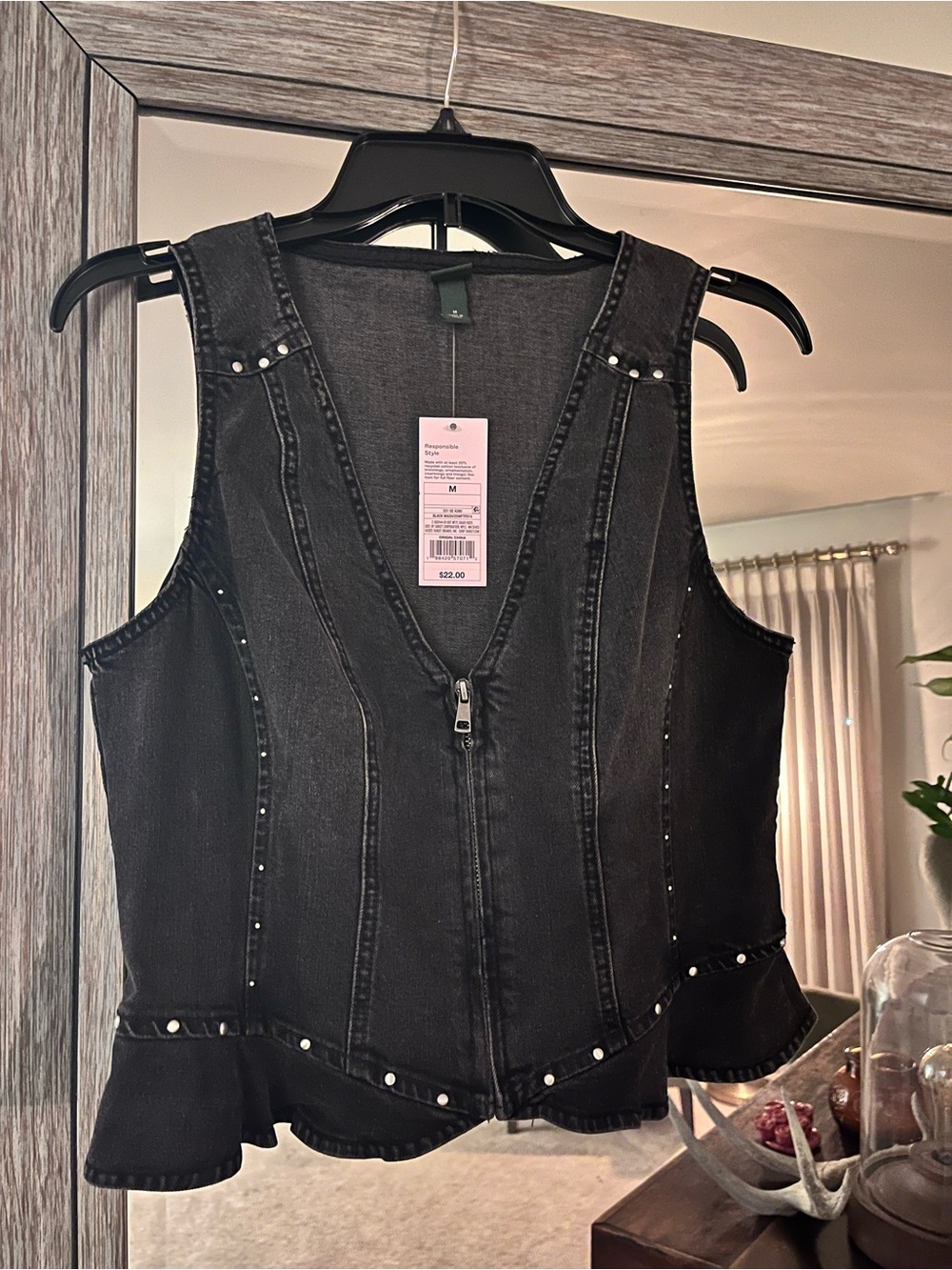Women's Black Studded Zip-Front Denim Peplum Vest, M, NWT!!